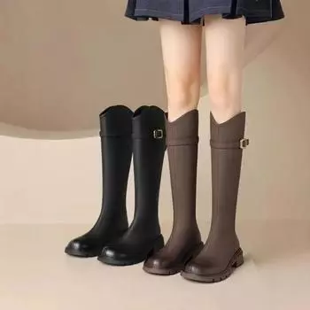 2024 Винтажный панк-стиль женские сапоги до колена модные туфли на толстом каблуке на платформе женские лаконичные длинные Botas De Mujer 35 чёрный