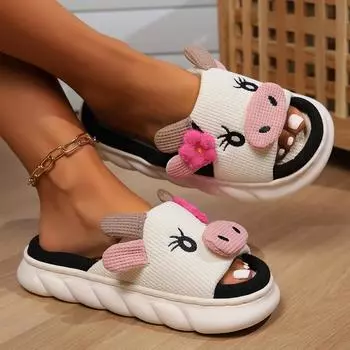 2024 Всесезонные дизайнерские тапочки с милым мультфильмом, милая корова, слон, хлопковая домашняя обувь для спальни, домашняя обувь на толстой подошве, пары, мужчины, женщины 36