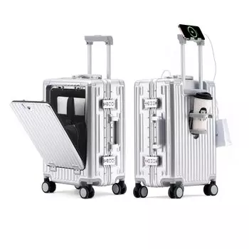 2024 Высокий чемодан с передним переносным USB-портом, верхним подстаканником, держателем для хранения компьютера и зарядки, алюминиевой рамой, бесшумный, двойной, на 2 ночи и 3 дня, S