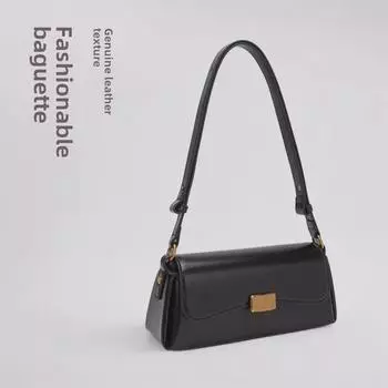 2024 Высококачественная черная сумка-багет из натуральной кожи - стильный летний аксессуар для женщин на плечо и подмышку чёрный