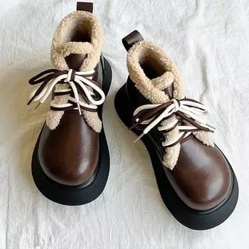 2024 Высококачественная обувь Ботильоны женские Ботинки на платформе Современные ботинки женские Круглый носок на плоской подошве со шнуровкой спереди Туфли botas de mujer 35 чёрный