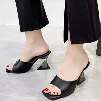 2024 Высококачественная обувь для женщин, летние женские тапочки, уличные тапочки с квадратным носком и высоким каблуком, лаконичные тапочки большого размера для женщин 36 оранжевый