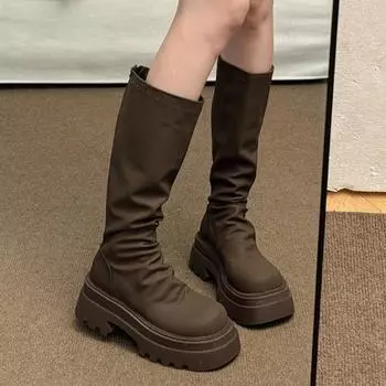 2024 Высококачественная обувь для женщин, женские ботинки на молнии, зимние, с круглым носком, на высокой платформе, на толстом каблуке, модные ботинки 35 темно-коричневого