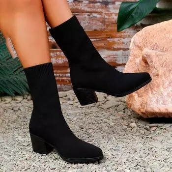 2024 Высококачественная обувь для женщин, женские сапоги без застежек, модные современные сапоги из эластичной ткани, женские новые сапоги до середины икры больших размеров 36 чёрный