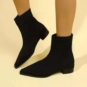 2024 Высококачественная обувь Женские вязаные ботильоны Женские сапоги в стиле ретро Современные сапоги Женские туфли с острым носком и средним каблуком 35 чёрный