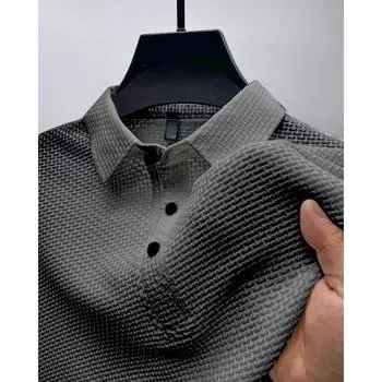 2024 Высококачественная сетчатая рубашка-поло из ледяного шелка с короткими рукавами, мужская летняя однотонная рубашка-поло с лацканами и раздвижными пуговицами M