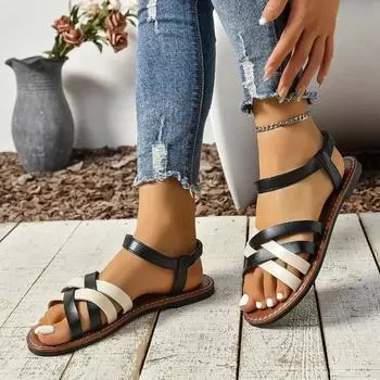 2024 Высококачественная женская обувь Большие размеры Женские сандалии Модные повседневные сандалии в тон, женские новые сандалии на плоской подошве с открытым носком 36 чёрный