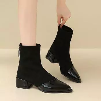 2024 Высококачественная женская обувь Ботильоны женские элегантные современные ботинки женские швейные с острым носком средний каблук сзади молния обувь женская 35 чёрный