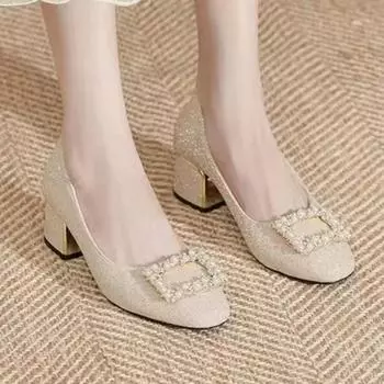 2024 Высококачественная женская обувь, цельные женские туфли на высоком каблуке, модные туфли с квадратной пряжкой для офиса и офиса, профессиональные новые туфли с кристаллами на высоком каблуке 35 абрикосовый