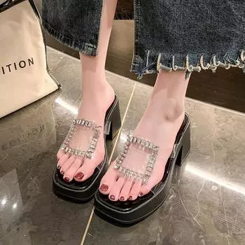 2024 Высококачественная женская обувь, летняя мода, открытый носок, однотонные женские тапочки, прозрачные женские туфли со стразами на высоком каблуке 35 белый