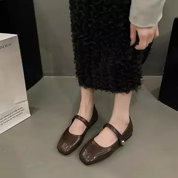2024 Высококачественная женская обувь Mary Janes, женские туфли на плоской подошве, модные повседневные туфли на плоской подошве с квадратным носком и низким каблуком, женская обувь для отдыха на открытом воздухе 35 чёрный