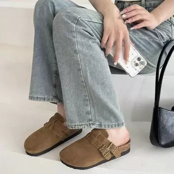 2024 Высококачественная женская обувь, модные летние новые однотонные туфли Baotou на среднем каблуке с пряжкой, большие размеры, римские женские тапочки 35 малиновый