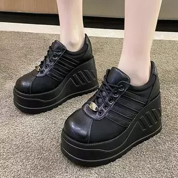 2024 Высококачественная женская обувь на шнуровке, женские туфли-лодочки, осенние туфли с круглым носком, на твердой платформе, на танкетке, повседневные, большого размера, офисная женская обувь 35 чёрный