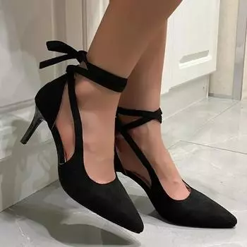 2024 Высококачественная женская обувь Однотонные женские туфли на высоком каблуке Модные туфли с острым носком на шнуровке на шпильке Свадебные женские туфли на высоком каблуке 34
