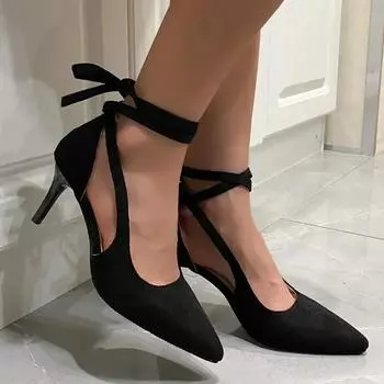 2024 Высококачественная женская обувь Однотонные женские туфли на высоком каблуке Модные туфли с острым носком на шнуровке на шпильке Свадебные женские туфли на высоком каблуке 34