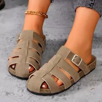 2024 Высококачественная женская обувь Тапочки Baotou Женские туфли на плоской подошве Лидер продаж Летние однотонные замшевые женские тапочки 35 хаки