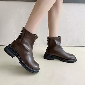 2024 Высококачественная женская обувь, женские ботильоны, модные современные ботинки с застежкой-молнией сзади, женская горячая распродажа, однотонная обувь с круглым носком для женщин 35 чёрный