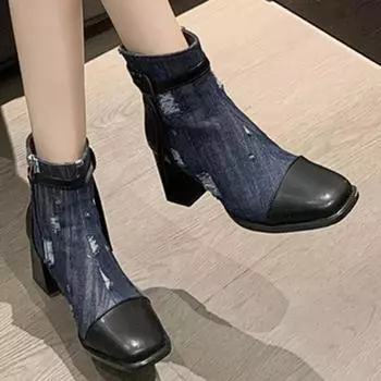 2024 Высококачественная женская обувь Женские ботинки на молнии Осенние квадратные носки Разноцветные голые ботинки Средний каблук Zapatillas De Mujer 35 темно-синий