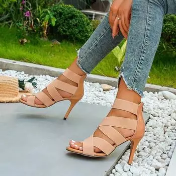 2024 Высококачественная женская обувь, женские сандалии с молнией сзади, модные закрытые каблуки для офиса и карьеры, новые однотонные босоножки на каблуке с открытым носком 36 абрикосовый