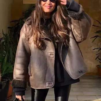 2024 Высококачественная зимняя женская винтажная теплая куртка из искусственного флиса с длинным рукавом, пальто, женская повседневная однотонная верхняя одежда с карманами S коричневый