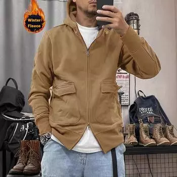 2024 Высококачественные мужские зимние теплые толстовки с капюшоном на молнии, флисовые куртки, пальто, повседневное теплое пальто Velet S хаки