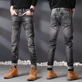 2024 Высококачественные новые модные брендовые черные серые облегающие прямые джинсы для мужчин, потертые ретро-потертые модные брюки 28