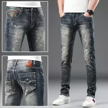 2024 Высококачественные ретро-ностальгические рваные джинсы с заплатками Мужские модные фирменные персонализированные белые эластичные брюки с распылением 28