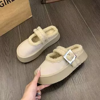2024 Высококачественные тапочки с пряжкой для женщин Зимние повседневные удобные хлопковые теплые короткие плюшевые нескользящие женские тапочки 35 абрикосовый
