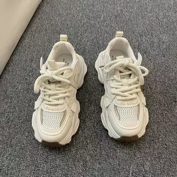 2024 Высококачественные уличные кроссовки на платформе для женщин, сетчатые однотонные дышащие кроссовки со шнуровкой и толстой подошвой, женская обувь 35 бежевый
