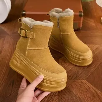 2024 Высококачественные замшевые ботинки на танкетке из коровьей кожи, зимние плюшевые женские ботинки со скрытым каблуком, весенние теплые ботильоны, женская обувь 34 света загар