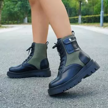 2024 Высококачественные женские ботинки на шнуровке, зимние, с круглым носком, однотонные, короткие, на толстой подошве, на толстом каблуке, большого размера 35 армия зеленый