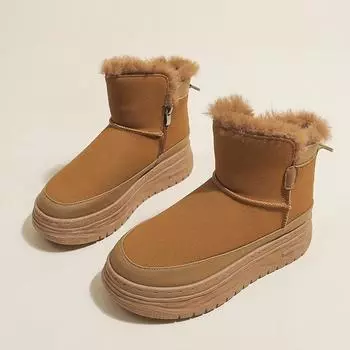 2024 Высококачественные зимние плюшевые женские ботильоны из замши и коровьей кожи высотой 9 см на танкетке со скрытым каблуком, осенние теплые ботинки 35 чёрный