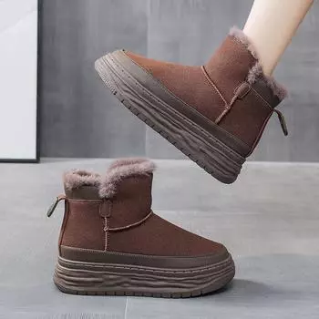 2024 Высококачественные зимние плюшевые женские ботильоны из замши и коровьей кожи высотой 9 см на танкетке со скрытым каблуком, осенние теплые ботинки 35 чёрный