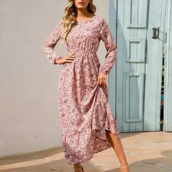 2024 весенне-осеннее богемное женское платье макси, повседневное пляжное платье с длинным рукавом и высокой талией, шифоновые платья, новинка Mujer с цветочным принтом S