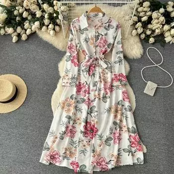 2024 весенне-осеннее новое платье с принтом, женские свободные утягивающие юбки трапециевидной формы с цветочным принтом и v-образным вырезом на талии, модные one size черный оливковый