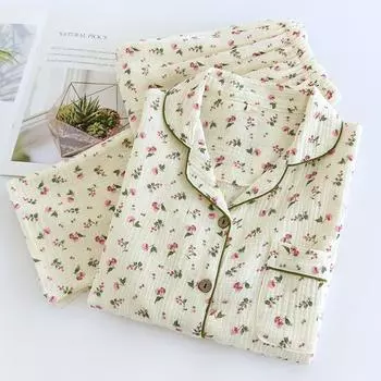 2025 Весна и осень Женский пижамный комплект 100% Хлопковый креп с длинными рукавами Брюки из двух предметов Милый и милый домашний комплект Fury для женщин M