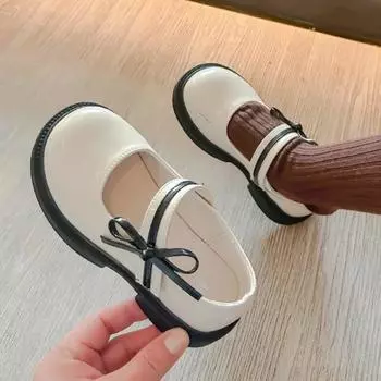 2024 весенне-осенняя черная школьная обувь для девочек, модная универсальная детская кожаная обувь с бантом, детские туфли принцессы Лолиты 26 бежевый