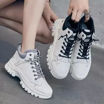 2024 весенне-осенняя обувь из натуральной кожи, женские модные кроссовки, брендовые высокие женские кроссовки 35 чёрный