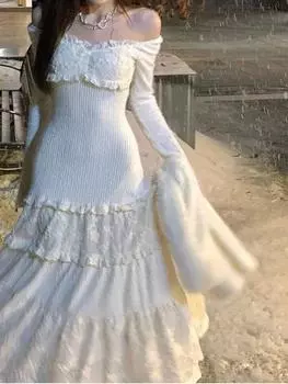 2024 весеннее элегантное трикотажное цельное платье женское кружевное лоскутное платье принцессы миди Koeran женское повседневное милое вечернее платье феи S белый