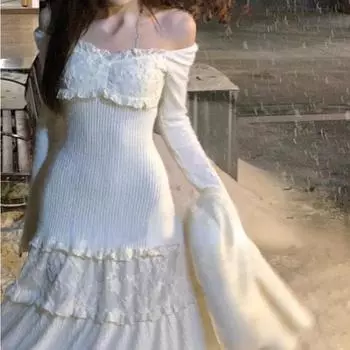 2024 весеннее элегантное вязаное платье, женское кружевное лоскутное платье миди принцессы Koeran, женское повседневное милое вечернее платье феи S бежевый