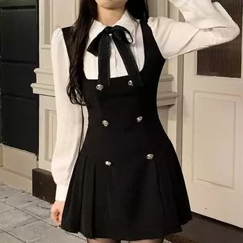 2024 весеннее искусственное мини-платье женское тонкое шикарное повседневное мини-платье с длинным рукавом и бантом Y2k женское корейское модное элегантное короткое праздничное платье S чёрный