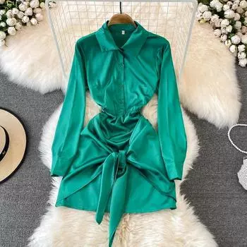 2024 весеннее новое французское платье-рубашка в стиле ретро с тонкими складками средней длины, платье с лацканами и длинными рукавами S чёрный