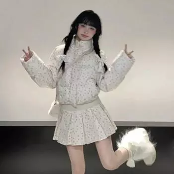 2024 весеннее новое пальто Kawaii, женское повседневное милое свободное зимнее пальто с цветочным принтом Y2k, милое пальто в Корейском стиле, шикарное S белый