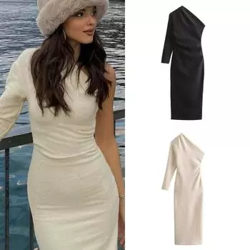 2024 весеннее новое женское модное темпераментное повседневное универсальное облегающее асимметричное платье на одно плечо XS чёрный