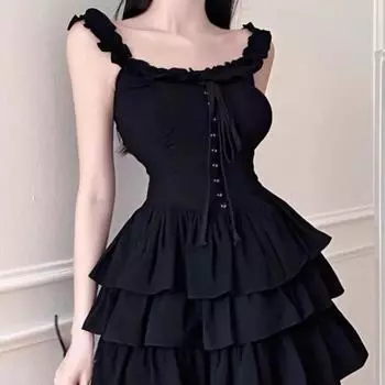 2024 весеннее платье-комбинация в стиле Лолита Kawaii, мягкие вечерние платья в стиле Харадзюку с открытыми плечами и открытой спиной, черные платья с оборками для девочек Y2k S чёрный