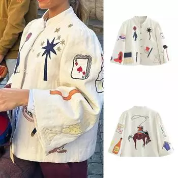 2024 весеннее винтажное пальто с принтом для женщин, повседневное однобортное пальто с воротником-стойкой и длинными рукавами, женское модное пальто