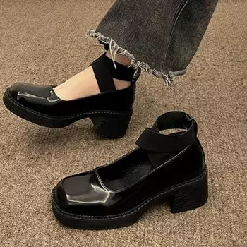 2024 весенние черные винтажные туфли-лодочки на платформе, женские повседневные туфли Лолиты Sweet Marry Janes, женская модная обувь с квадратным носком, нескользящая обувь 35 чёрный