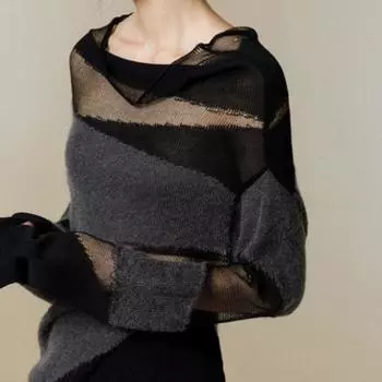 2024 весенние лоскутные водолазки женские свитера Y2k свободные ажурные пуловеры прозрачный вязаный свитер топы Y2k одежда S чёрный