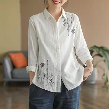 2024 весенние новые хлопковые топы, простая женская рубашка с длинными рукавами, свободная рубашка с цветочной вышивкой XS белый