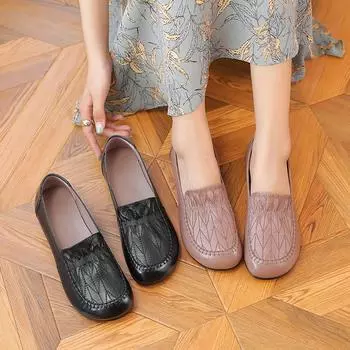 2024 весенние новые мягкие женские туфли из натуральной кожи, туфли на плоской подошве, удобные лоферы с круглым носком на мягкой подошве, женские туфли на плоской подошве 35 чёрный